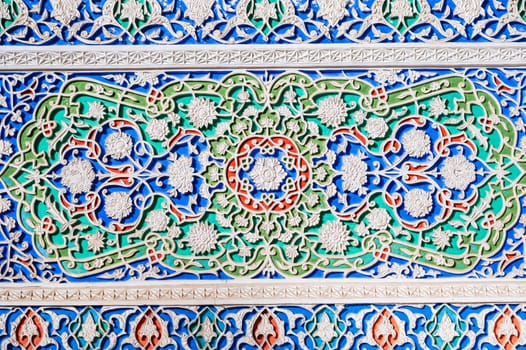 colorful carved wooden painted background with traditional Uzbek ornaments and oriental asian patterns in Tashkent in Uzbekistan
