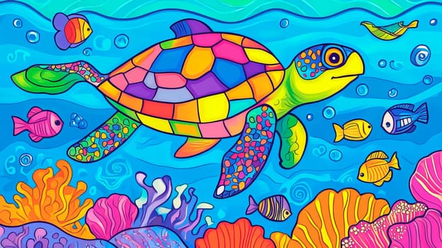 Bright color picture of underwater world with turtle and fish for kids. Ai art