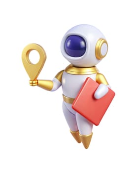 A 3D futuristic robot holding a location pin and a red book, isolated on white background. Perfect for navigation, education, and technology themes.