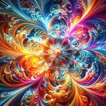 Abstract, colorful fractal art with flowing, wave-like patterns. Bright glass textures in blue, green and orange for modern designs and backgrounds.