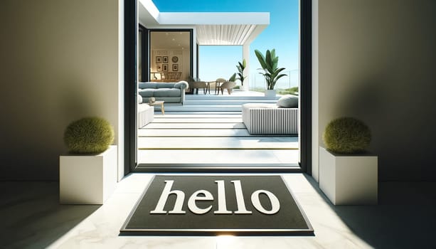 The contemporary Welcome Home doormat, positioned at a side angle, leads into a home where the light cascades onto minimalist elegance, inviting a serene return to a modern abode.