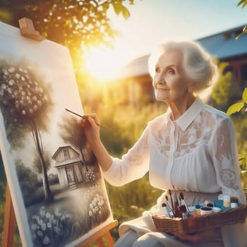 Elderly woman paints a portrait in the sunlight, surrounded by nature. Art, nostalgia and the joy of life, united in a harmonious and warm scene.