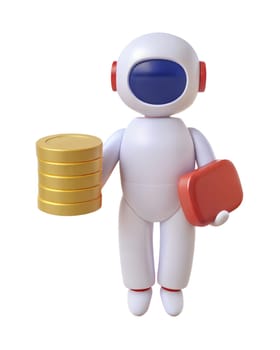 A 3D robot holding a stack of golden coins and a red box, symbolizing finance, investment, and savings. Isolated on white background, perfect for concepts of wealth, money, and finance.