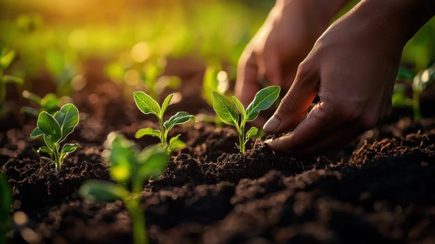 Closeup image of people preparing to grow a small plant tree with soil..