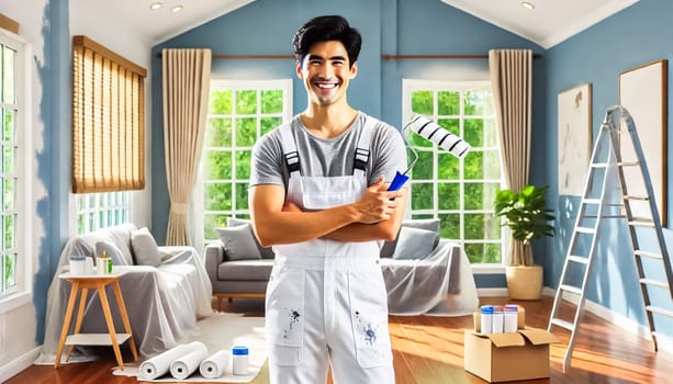 A young painter happily holds a roller brush, standing in front of a partially painted blue accent wall. The cozy living room features natural light from large windows, wooden floors, and furniture protected by sheets, while paint buckets and supplies are scattered neatly around.