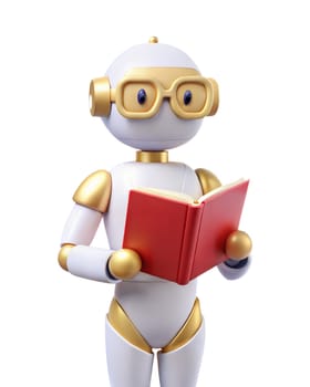 A 3D icon of futuristic robot with glasses reading a red book, isolated on white background. Ideal for education, learning, and technology themes.