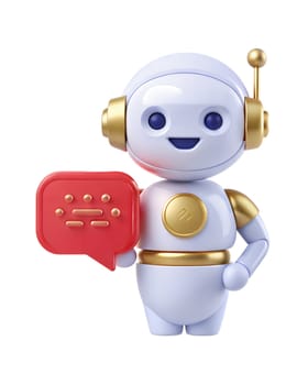 A 3D futuristic robot holding a red speech bubble with braille symbols, isolated on white background. Great for communication, technology, and accessibility concepts.