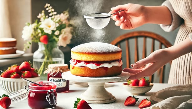 The images showcase a homemade Victoria sponge cake being dusted with powdered sugar. The cake features a luscious layer of strawberry jam and whipped cream between two golden sponges, with fresh strawberries and a jar of jam placed on the countertop. The setting is complemented by a rustic wooden chair and a soft-focus bouquet of flowers in the background.