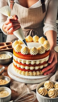 A wide-angle shot shows a baker meticulously frosting a multi-layered cake on a turntable. The kitchen counter is covered with ingredients like eggs, flour, and bowls of buttercream, creating a bustling atmosphere of a baking session in progress.