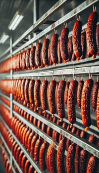 A spacious industrial drying room featuring long rows of neatly hung reddish-brown sausages. The perspective emphasizes the symmetry and precision of the orderly setup, framed by clean metal racks in a well-lit environment.