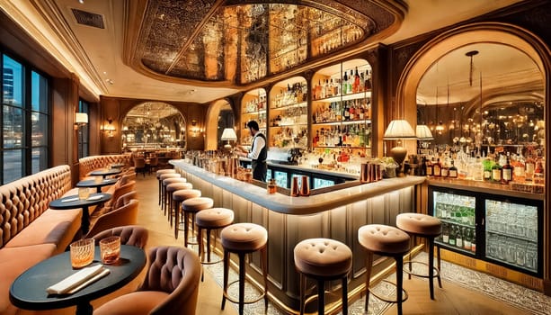 A welcoming bartender shakes a cocktail behind a beautifully designed bar with a marble countertop and tufted chairs. The bar features stylish lighting, well-stocked shelves, and a warm, inviting ambiance.