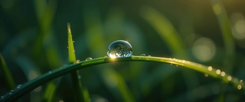 Dew drops on the blade of grass in the morning light