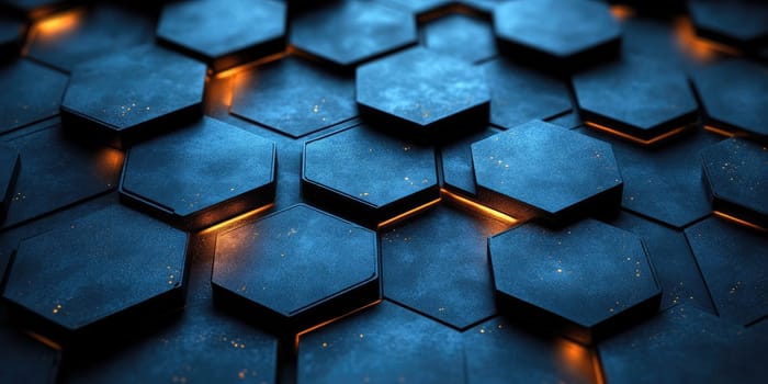 This abstract background showcases a hexagonal pattern with deep blue hues and metallic highlights, emphasizing smooth gradients and dynamic lighting. The minimalistic design creates a professional, modern aesthetic.