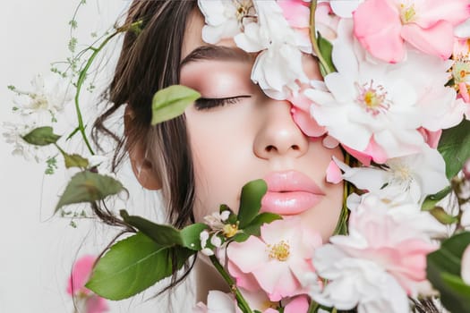 Brunette with soft makeup and luscious lips poses elegantly amidst vibrant flowers. The close-up highlights her serene expression and the delicate floral arrangement, creating a harmonious and minimalist aesthetic.