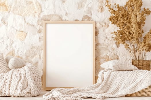 A spacious reading nook showcases a large empty white poster in a wooden frame, leaning against a textured stone wall. A knitted blanket and soft cushions create a warm, inviting atmosphere, ideal for relaxation.