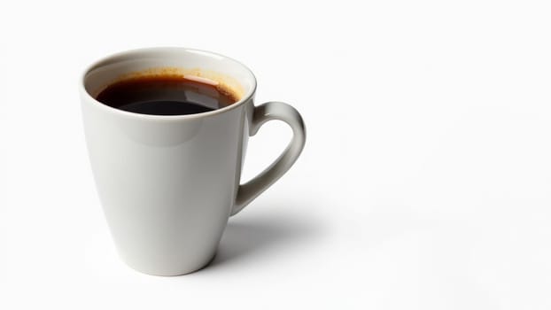 White ceramic cup with black coffee on a plain white background, copy space. AI generated.
