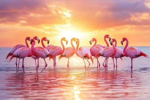 A flock of pink flamingos standing in the sea against the backdrop of a beautiful sunset.