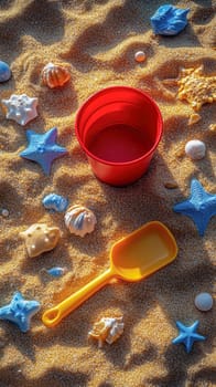 A red bucket, yellow shovel, and colorful seashells rest on golden sand, symbolizing beach play, childhood fun, and summer vacation relaxation.