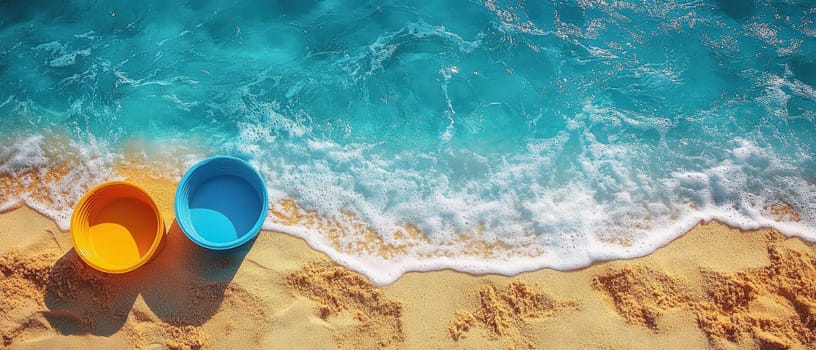 Two colorful beach buckets, one blue and one orange, sit on golden sand near gentle ocean waves, evoking childhood memories of summer beach vacations.