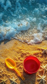 A red bucket, yellow shovel, and starfish lay on sunlit golden sand, with ocean waves gently washing ashore, representing summer beach play and relaxation.