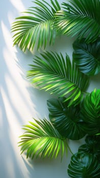 A collection of vibrant palm leaves casting soft sunlight shadows on a white background, evoking a fresh, tropical, and relaxing summer vacation atmosphere.