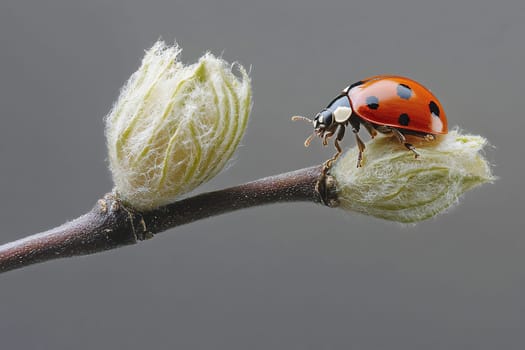 Macro shot of a red ladybug crawling on young buds on a tree branch.