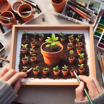 A picture is painted of young seedlings in terracotta pots, carefully arranged in a box. Fresh greenery under warm light - ideal for garden lovers and nature enthusiasts.