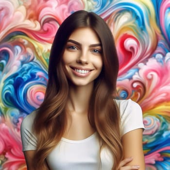 Stylish woman with voluminous hair in front of a colorful, abstract background. Elegance meets art , a perfect blend of fashion and creativity.
