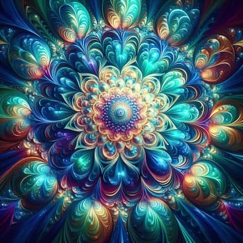 Abstract, colorful fractal art with flowing, wave-like patterns. Bright glass textures in blue, green and orange for modern designs and backgrounds.