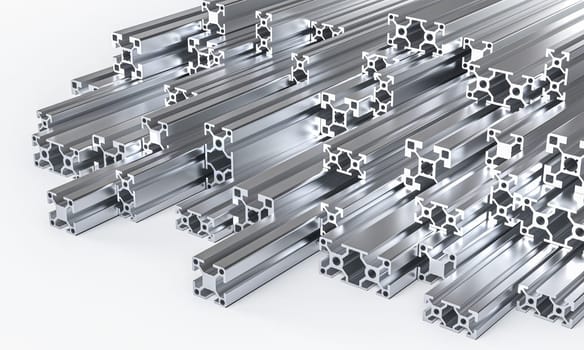 Stacked aluminum profiles creating modern industrial background 3d