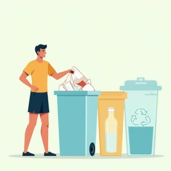 A person sorts garbage into different recycling bins including paper, plastic, and general waste in a clean urban area.