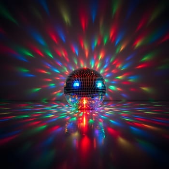 A glowing disco ball reflects vibrant multicolored lights in a dark room, creating a lively and energetic party atmosphere.