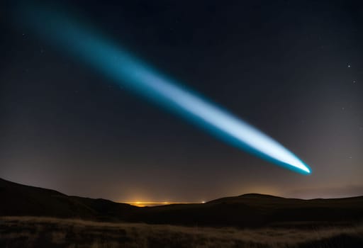 A vibrant comet streaks across the sky, its glowing tail shining brightly, cutting through the vast cosmos in motion.