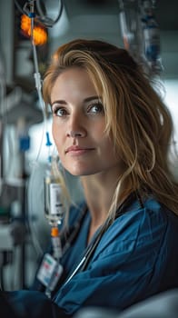 A dedicated nurse in blue scrubs and gloves carefully adjusts an IV drip for a patient.
