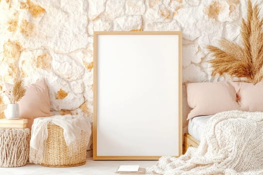 A large white poster in a wooden frame leans against a textured stone wall. Next to it, a cozy reading nook features a plush blanket and soft lighting, creating a minimalistic and inviting atmosphere.
