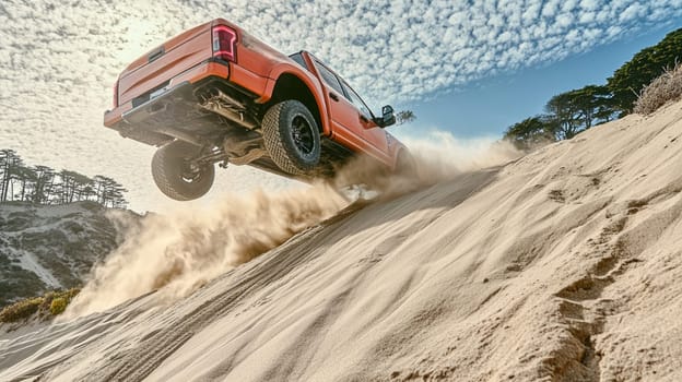 A robust truck soars above a sandy dune, kicking up dust and gravel as it navigates through the woodland landscape under bright sunlight.