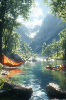 A peaceful riverside camping scene with an orange hammock tied between trees, a floating picnic setup, and breathtaking mountain scenery under a bright summer sky.