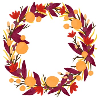 Hand drawn circle round floral frame with fall autumn leaves. red orange yellow elements, branches fruits, elegant lush frame in warm colors, vitage retro curve design composition graphic art