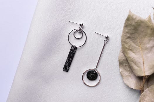 Female Jewelry. Vintage bijouterie jewelry handmade. Flat lay, top view copy space and empty space for text.