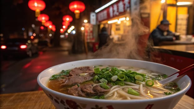 A steaming bowl of Chinese noodle soup brimming with tender beef slices and fresh green onions sits prominently. Behind, lanterns illuminate a lively night market atmosphere.