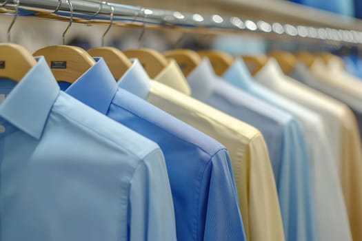 stylish business shirts hanging on hangers in a fashion store, stylish light interior of the store