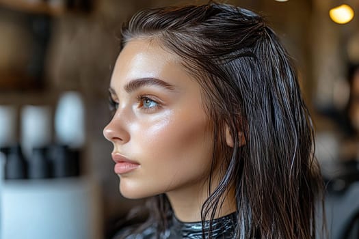 Young brunette woman with wet hair sitting on a chair in a hairdressing salon.