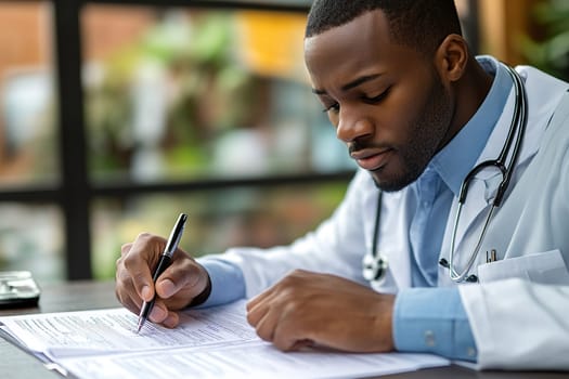 African American doctor in white coat writing medical documentation. Doctor filling out and signing medical cards.