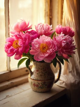Bright pink peonies are elegantly displayed in a floral pitcher, catching the warm sunlight streaming through a window. The scene showcases natural beauty and tranquility in a home setting.
