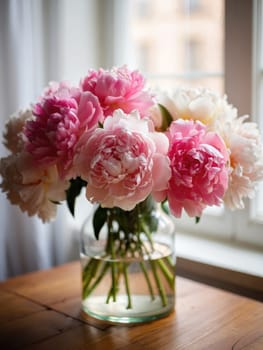 A stunning bouquet of pink and white peonies is displayed in a glass vase next to a window, capturing the soft, natural light and enhancing the floral colors.