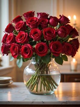 A large arrangement of vibrant red roses is placed in a clear glass vase on a marble countertop. The soft candlelight creates a warm and inviting atmosphere, perfect for a romantic evening.
