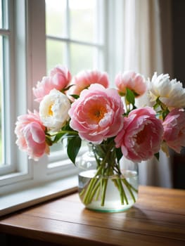 A stunning arrangement of pink and white peonies sits elegantly in a clear glass vase on a wooden table. Sunlight streams through the window, enhancing the flowers vibrant colors.