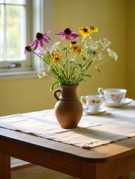 A rustic vase filled with colorful wildflowers sits on a wooden table. Sunlight streams through the window, illuminating the cheerful arrangement, enhancing the cozy kitchen atmosphere.