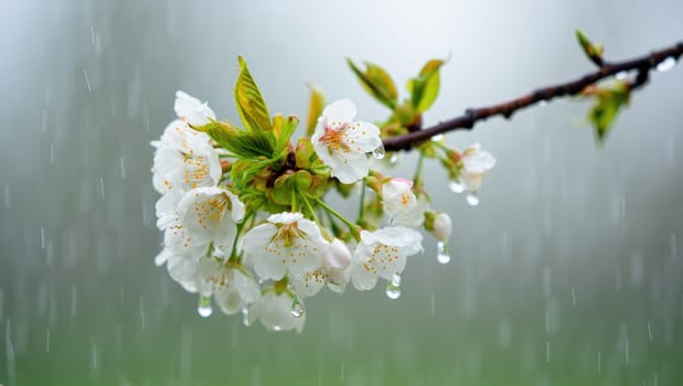 A branch adorned with blooming white cherry blossoms is captured in light rain, showcasing water droplets on the petals. This serene moment highlights the beauty of nature in spring.