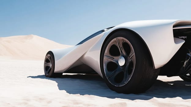 Sleek white sports car parked on warm desert sand under the bright sun. Blending modern design with cutting edge technology. Symbolizing power. Speed. Wealth